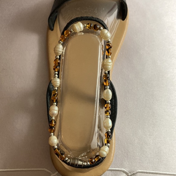 NWOT - Amber Glass Beads & Freshwater Pearls Silver Balls Wider Ankle Bracelet - Picture 10 of 10